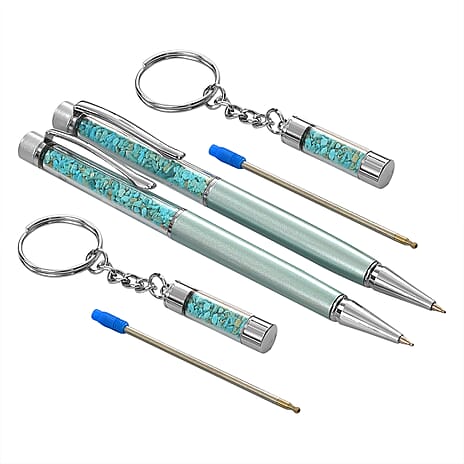 LIVMORE Turquoise Gemstone Pen Set with 2 Keychains & 2 Refills - Green
