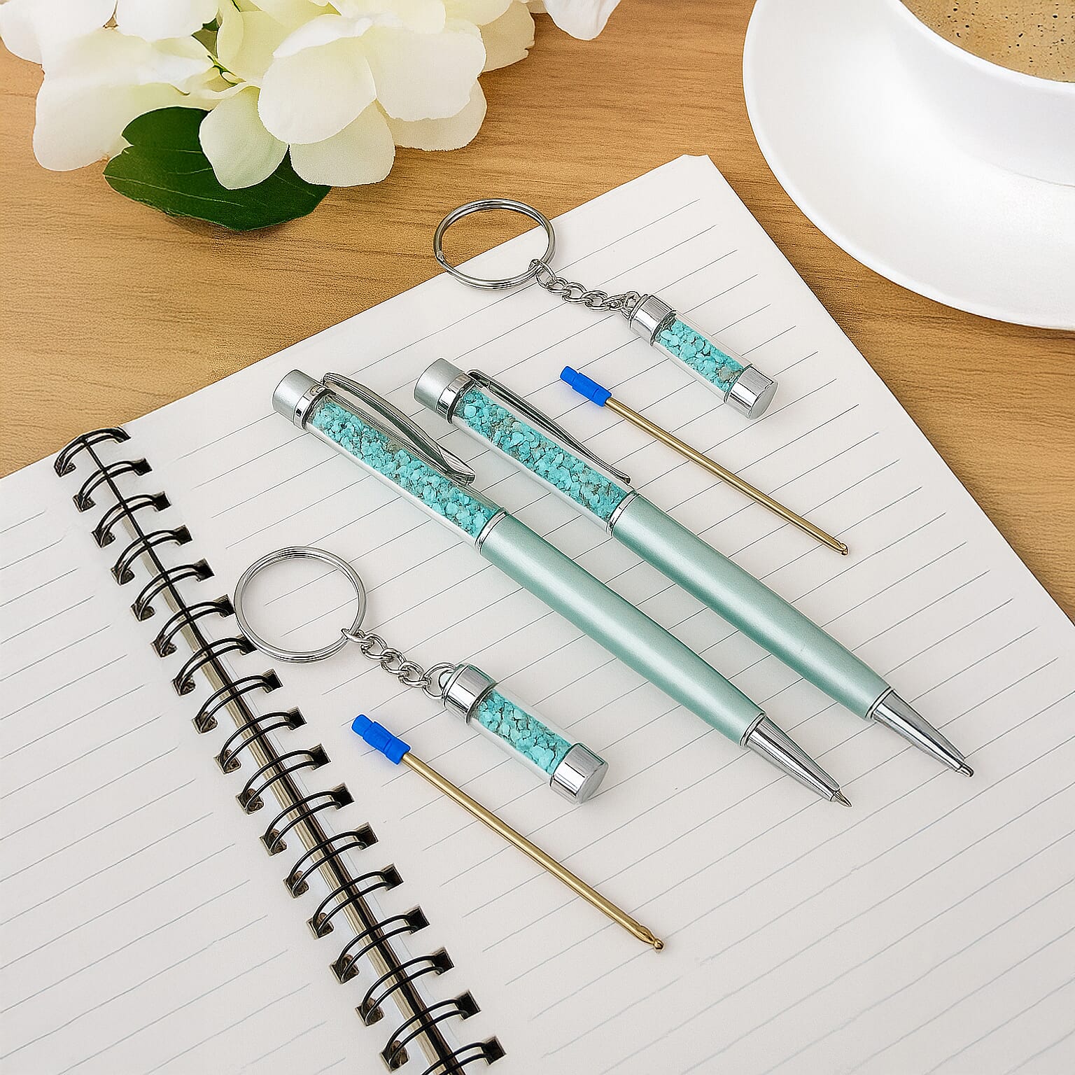 LIVMORE Turquoise Gemstone Pen Set with 2 Keychains & 2 Refills - Green