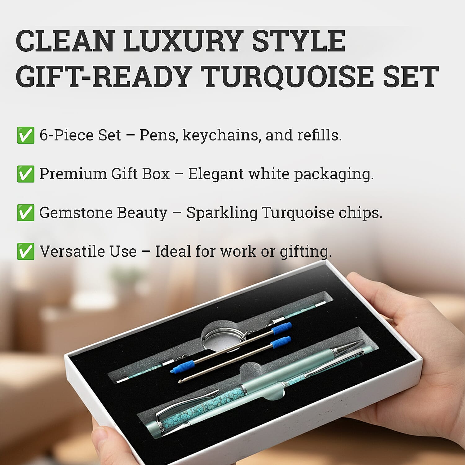 LIVMORE Turquoise Gemstone Pen Set with 2 Keychains & 2 Refills - Green