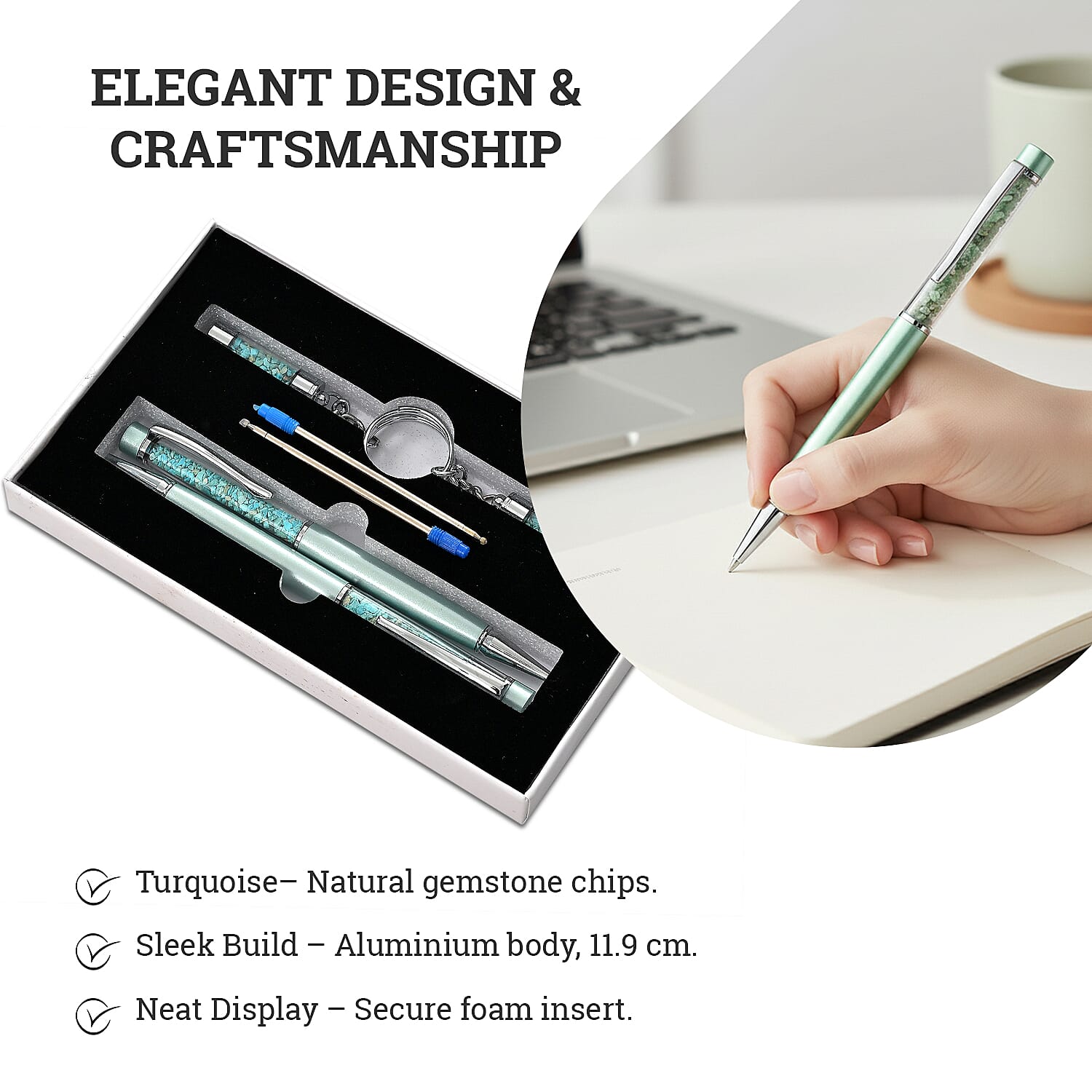 LIVMORE Turquoise Gemstone Pen Set with 2 Keychains & 2 Refills - Green