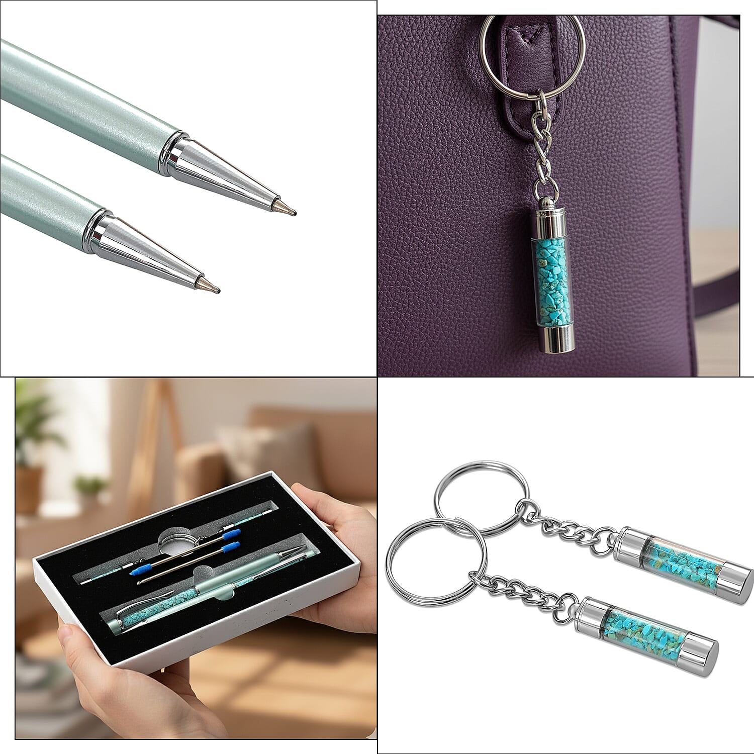 LIVMORE Turquoise Gemstone Pen Set with 2 Keychains & 2 Refills - Green