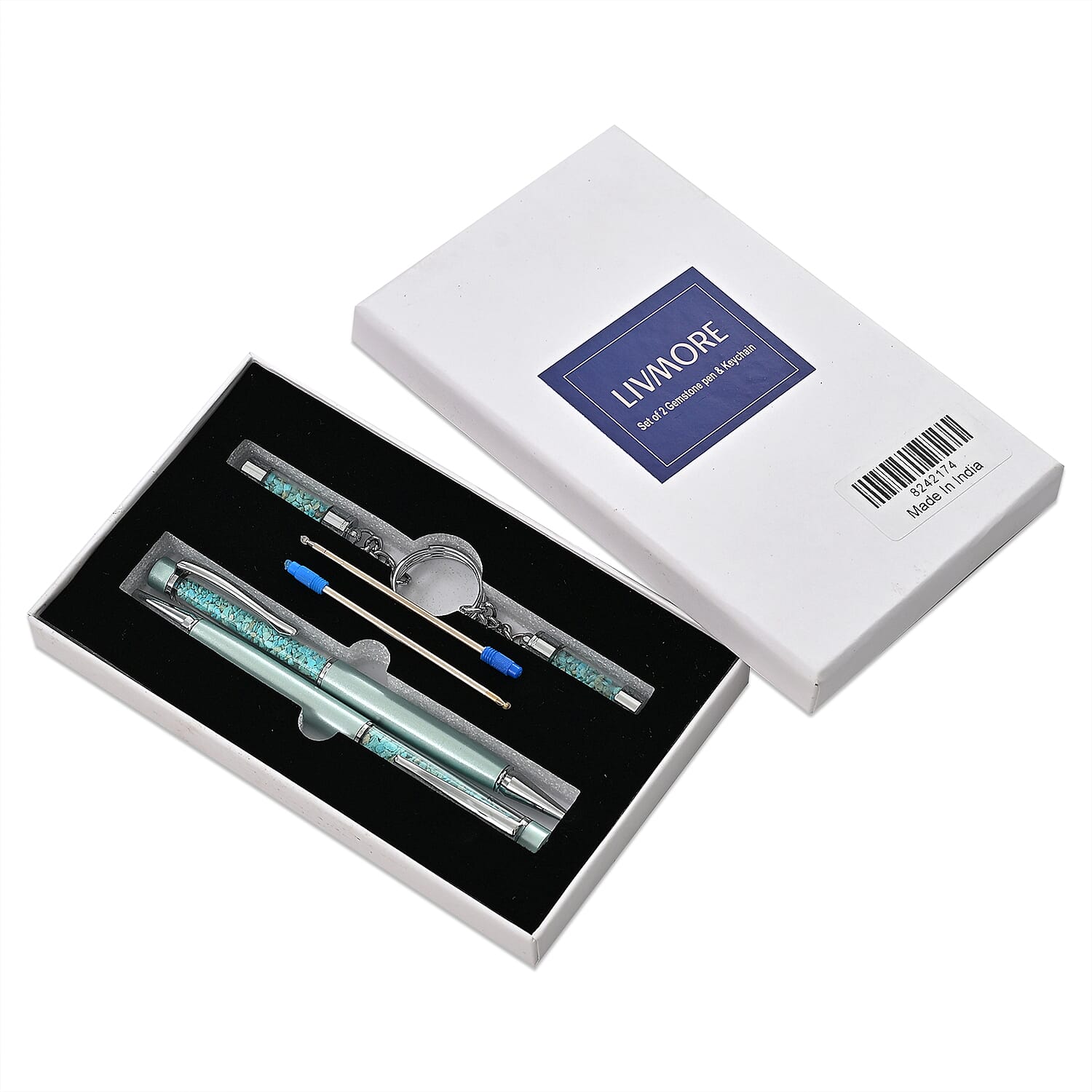 LIVMORE Turquoise Gemstone Pen Set with 2 Keychains & 2 Refills - Green