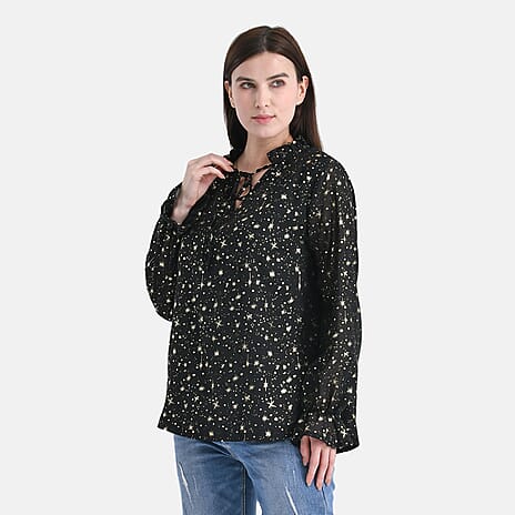 La Marey Gold Foil Star Pattern Crepe Blouse (Size S, 8 to 10) - Black