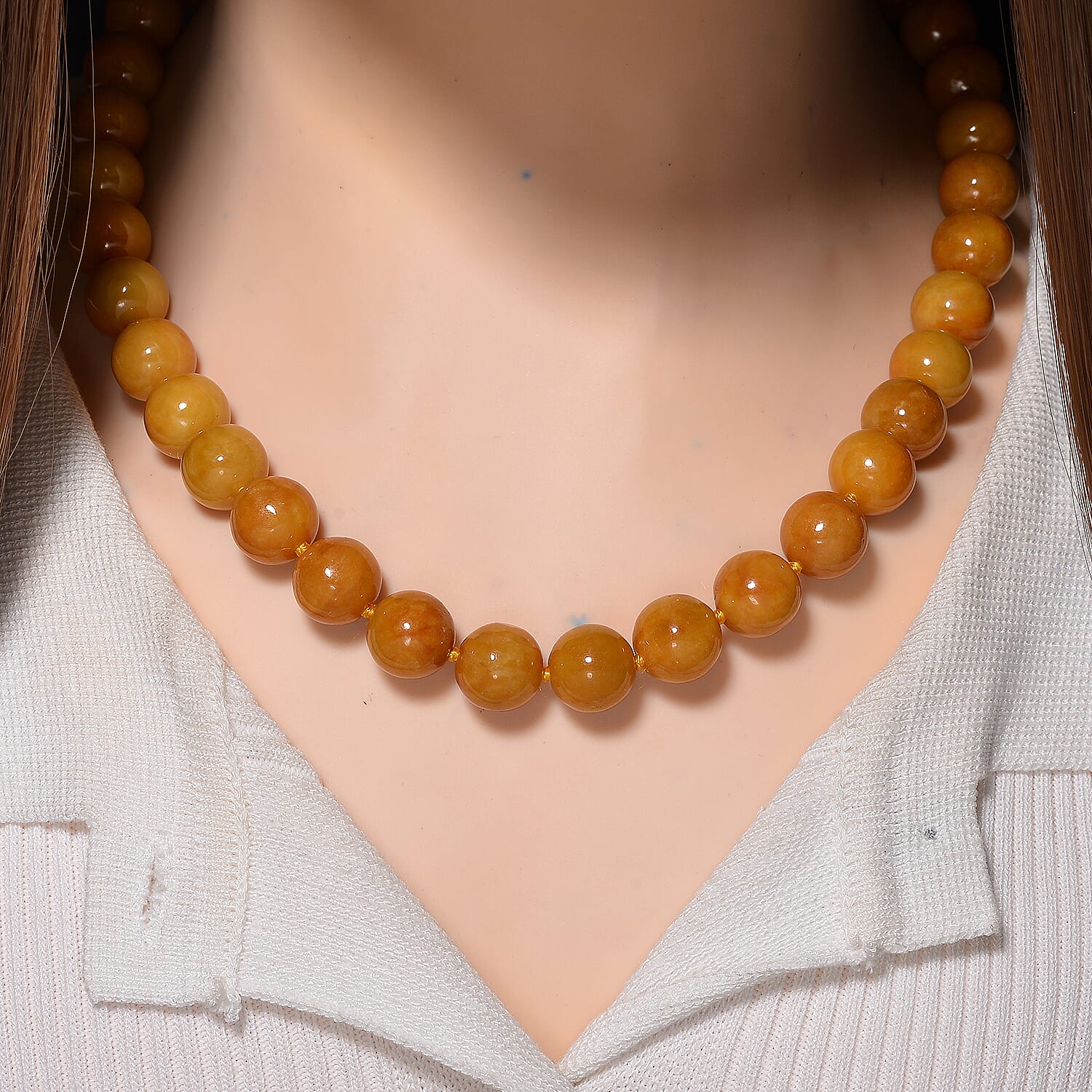 Honey Jade Beads Necklace (Size 20) with Magnetic Clasp in Yellow Gold Plated Sterling Silver 720.00 Ct.