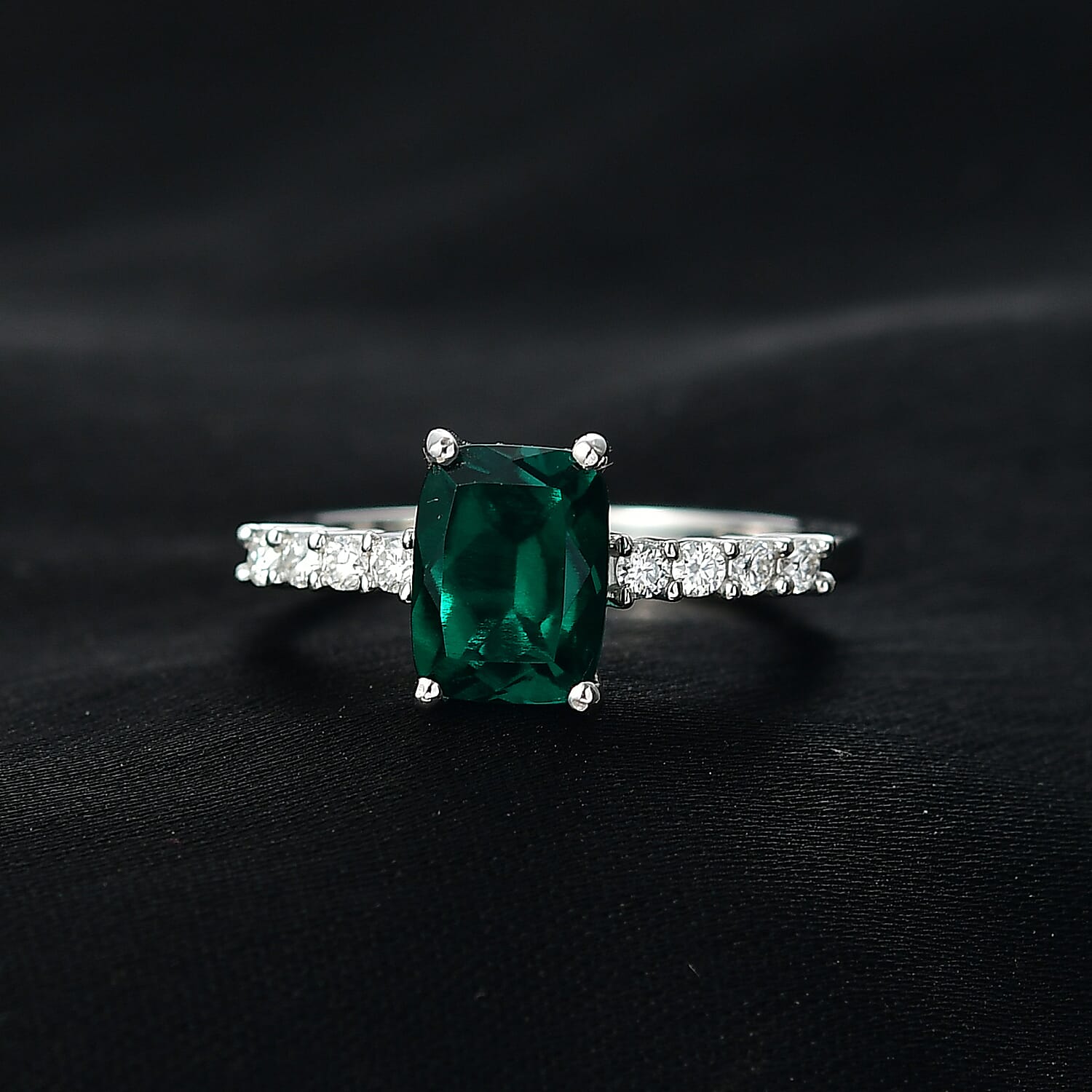 Lab Grown Emerald & Moissanite Ring in Rhodium Overlay Sterling Silver 1.65 Ct.