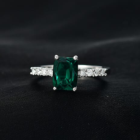 Lab Grown Emerald & Moissanite Ring in Rhodium Overlay Sterling Silver 1.65 Ct.