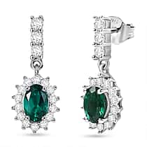 D'joy Lab Grown Emerald, White Zircon Dangling Halo Earring in Rhodium Overlay Sterling Silver 1.57 Ct.