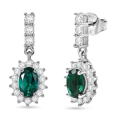 Lab Grown Emerald & White Zircon Dangling Earring in Rhodium Overlay Sterling Silver 1.57 Ct.