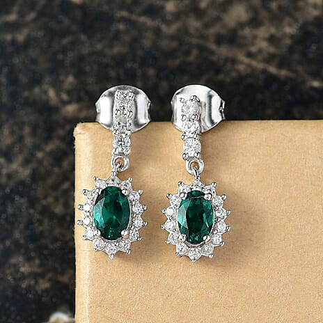 Lab Grown Emerald & White Zircon Dangling Earring in Rhodium Overlay Sterling Silver 1.57 Ct.