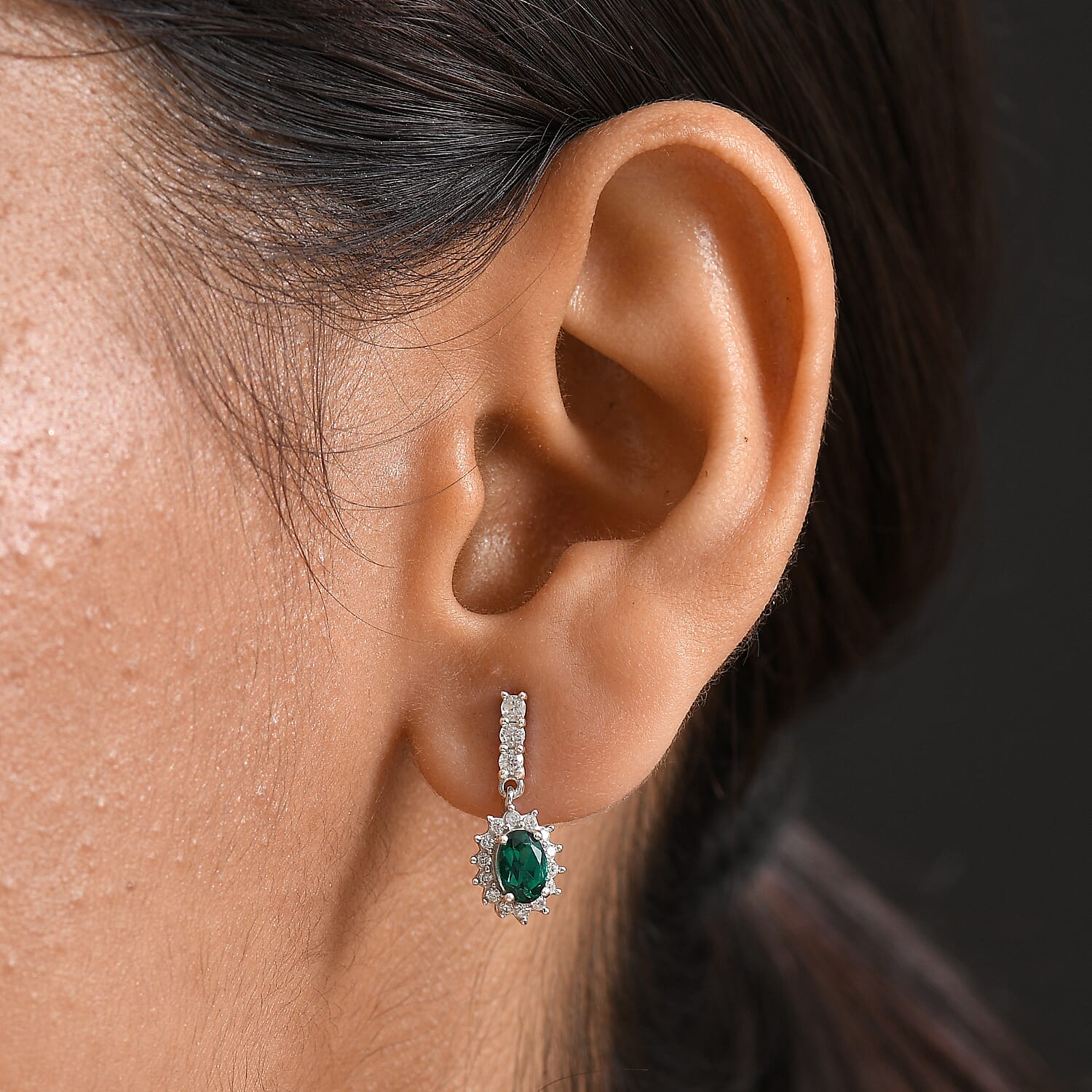 Lab Grown Emerald & White Zircon Dangling Earring in Rhodium Overlay Sterling Silver 1.57 Ct.
