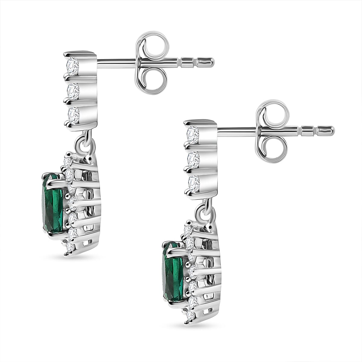 Lab Grown Emerald & White Zircon Dangling Earring in Rhodium Overlay Sterling Silver 1.57 Ct.