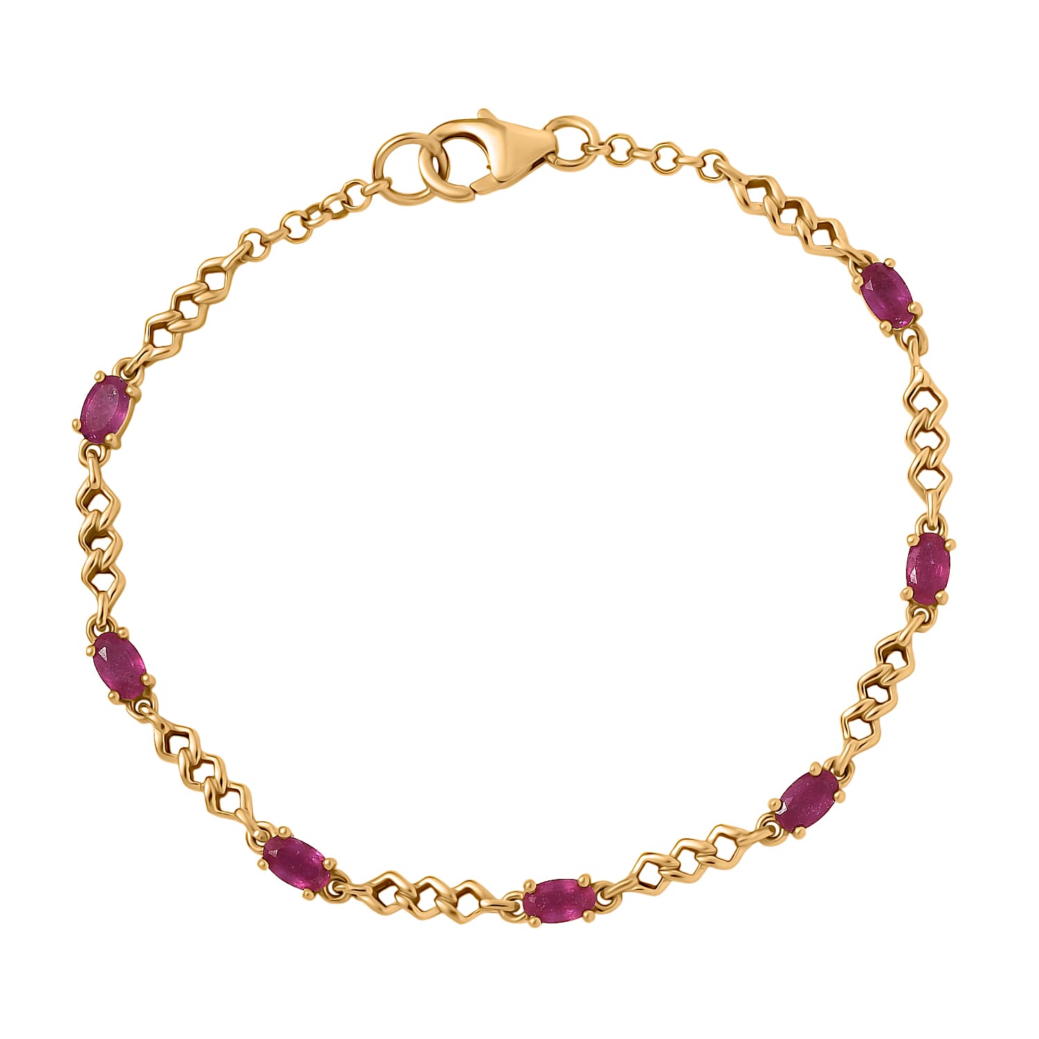 D'joy African Ruby Bracelet (Size - 7) with Lobster Clasp in Yellow Gold Plated Sterling Silver 2.36 Ct, Silver Wt. 5.10 Gms.