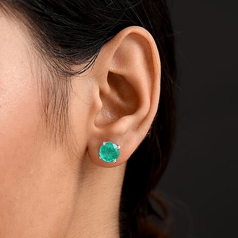 D'Joy Emeraldine Triplet Quartz Solitaire Stud Push Post Earring with Push Back in Platinum Overlay Sterling Silver 4.88 Ct.