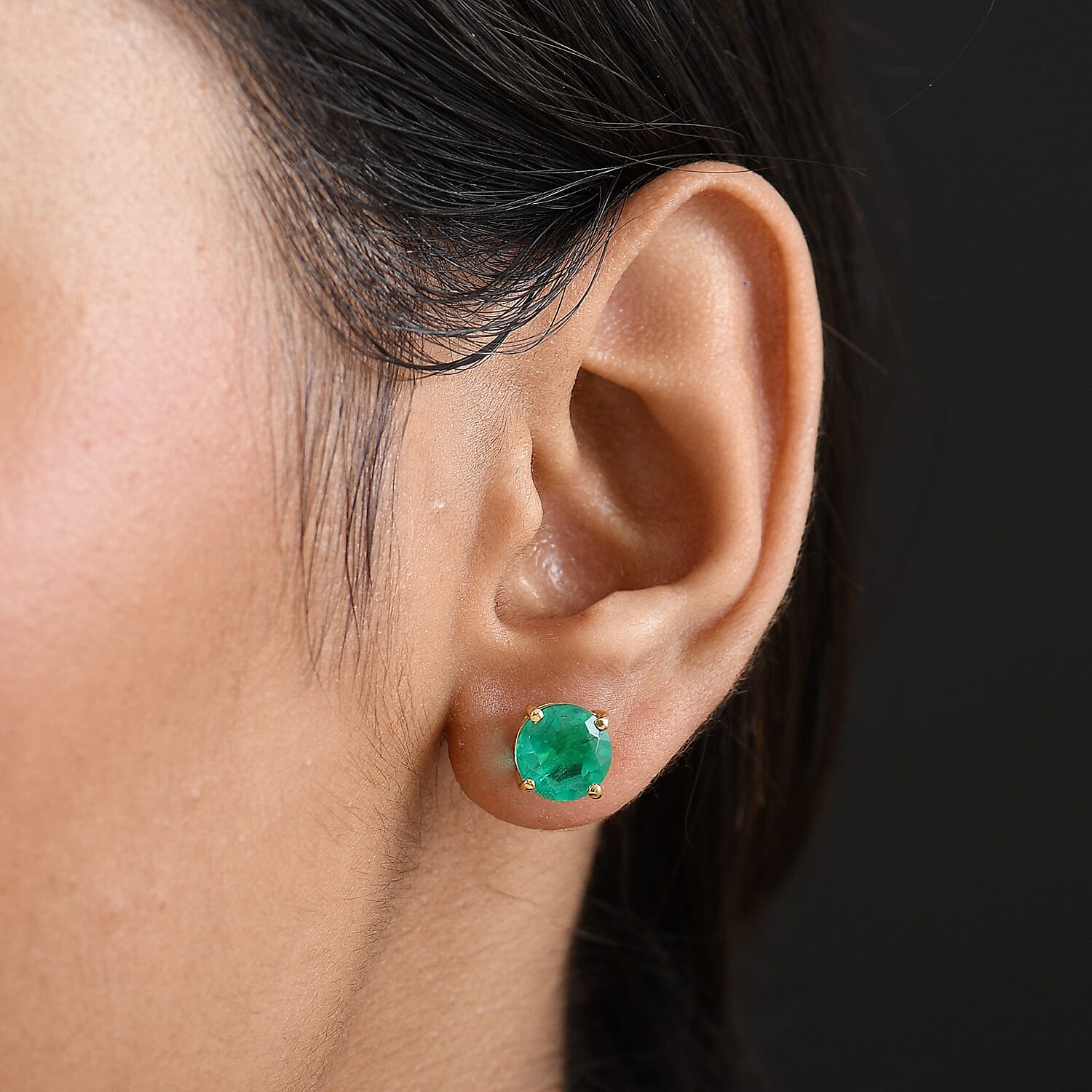 Emeraldine Triplet Quartz Solitaire Stud Push Post Earring in Yellow Gold Plated Sterling Silver 4.88 Ct.