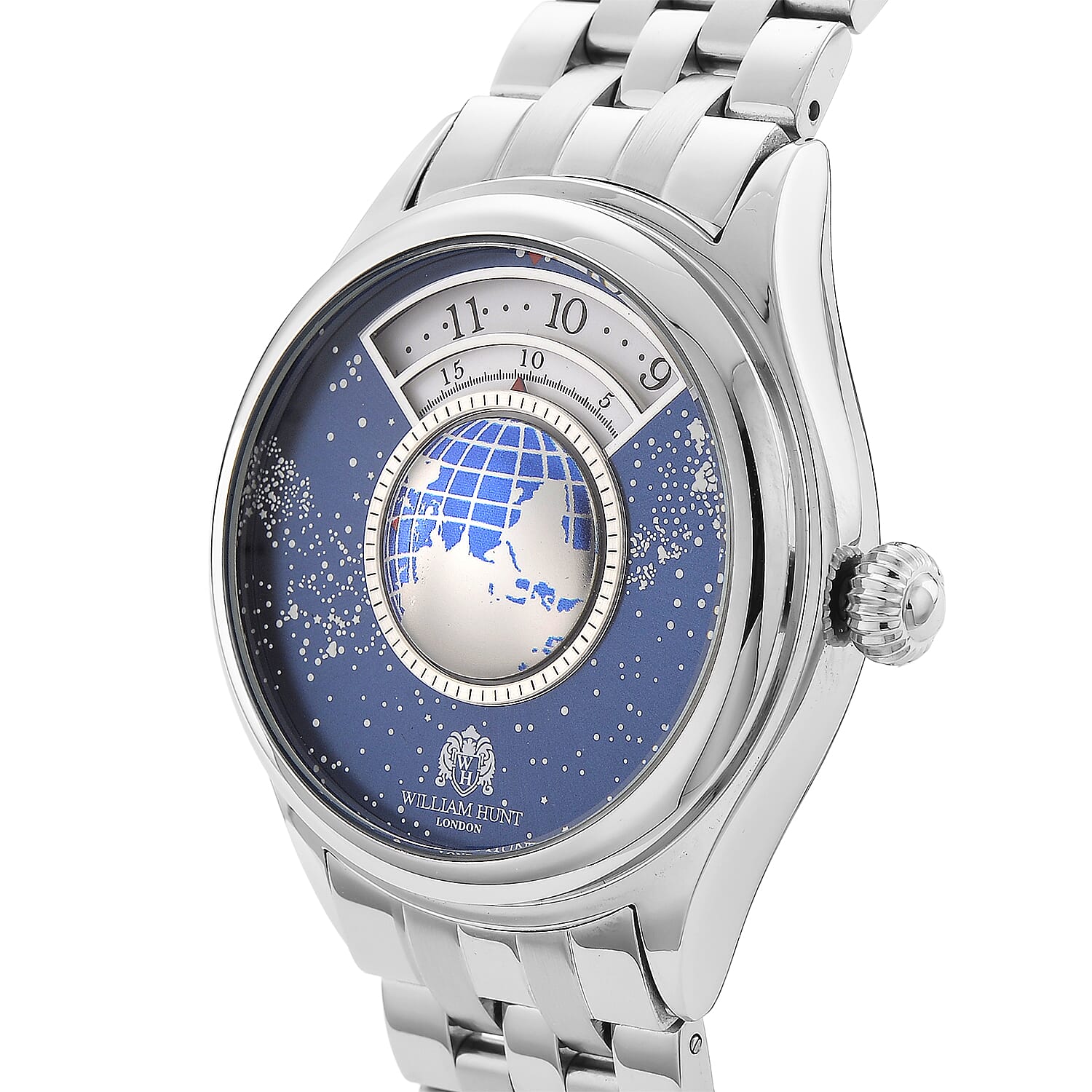 William Hunt Limited Edition Celestial Constellation Automatic Movt Watch With Rotating Globe 3ATM Water Resistancy Presented in a Gift Box - Silver