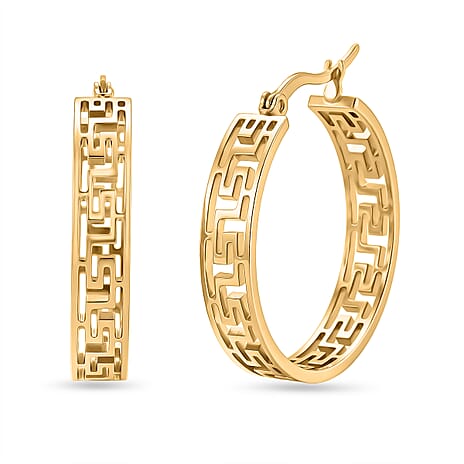 Greek Key Hoop Earring with Clasp in Yellow Gold Tone