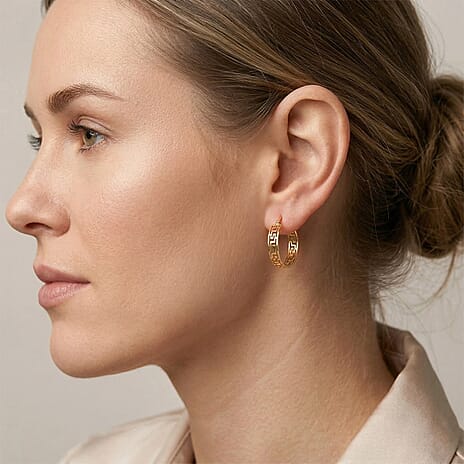 Greek Key Hoop Earring with Clasp in Yellow Gold Tone