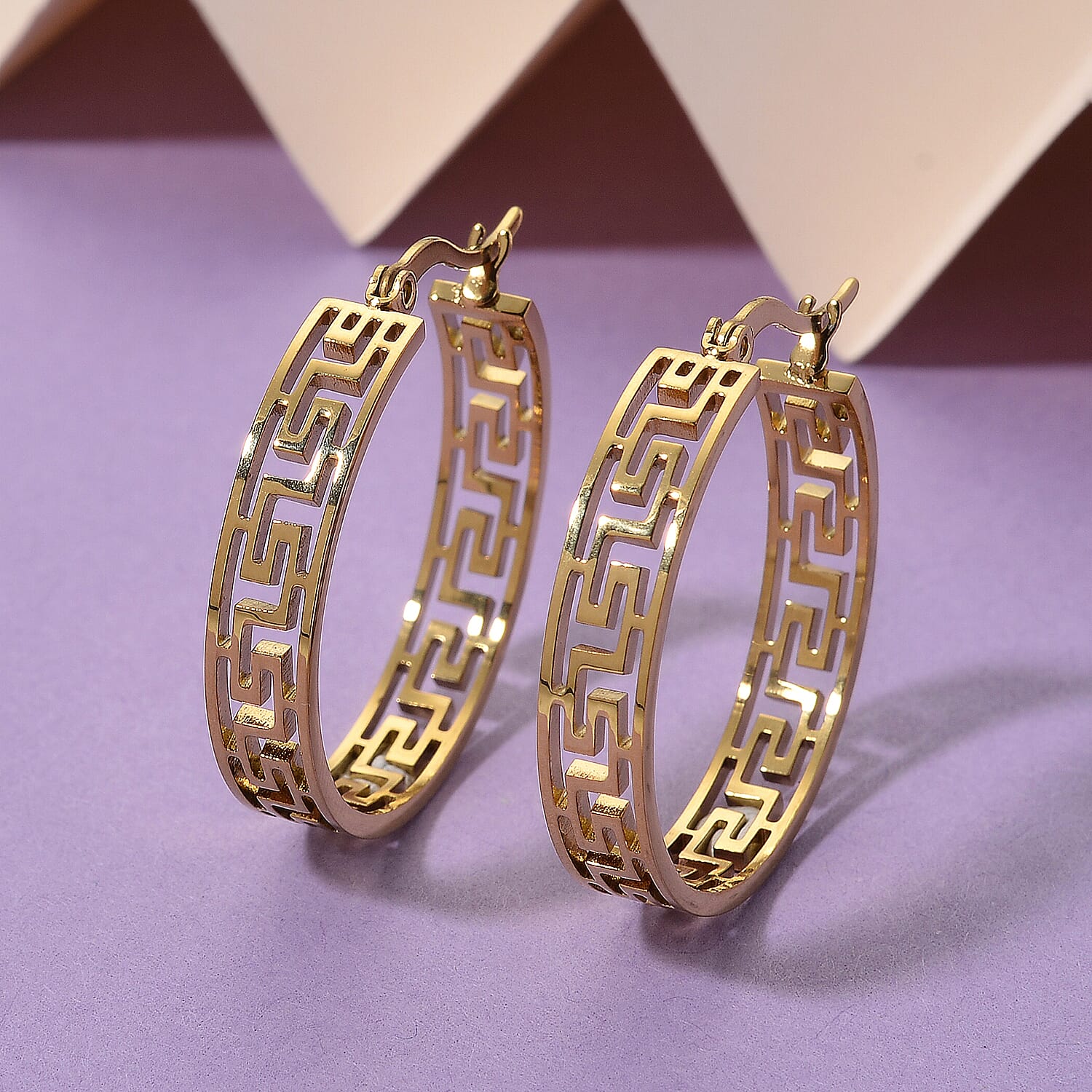 Greek Key Hoop Earring with Clasp in Yellow Gold Tone