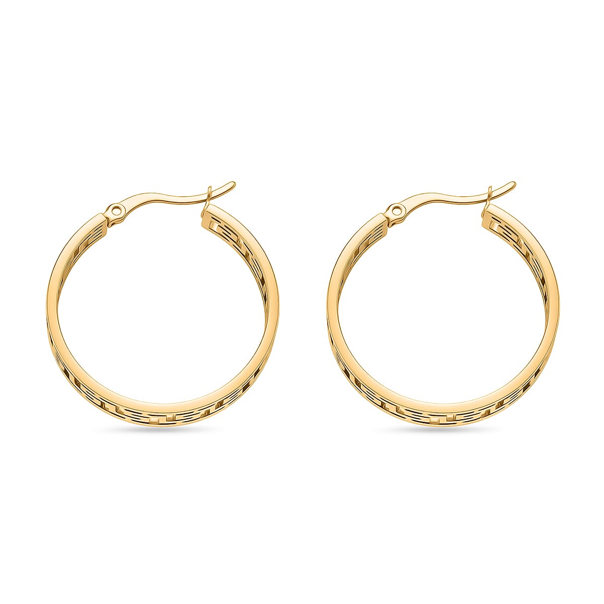 Greek Key Hoop Earring with Clasp in Yellow Gold Tone