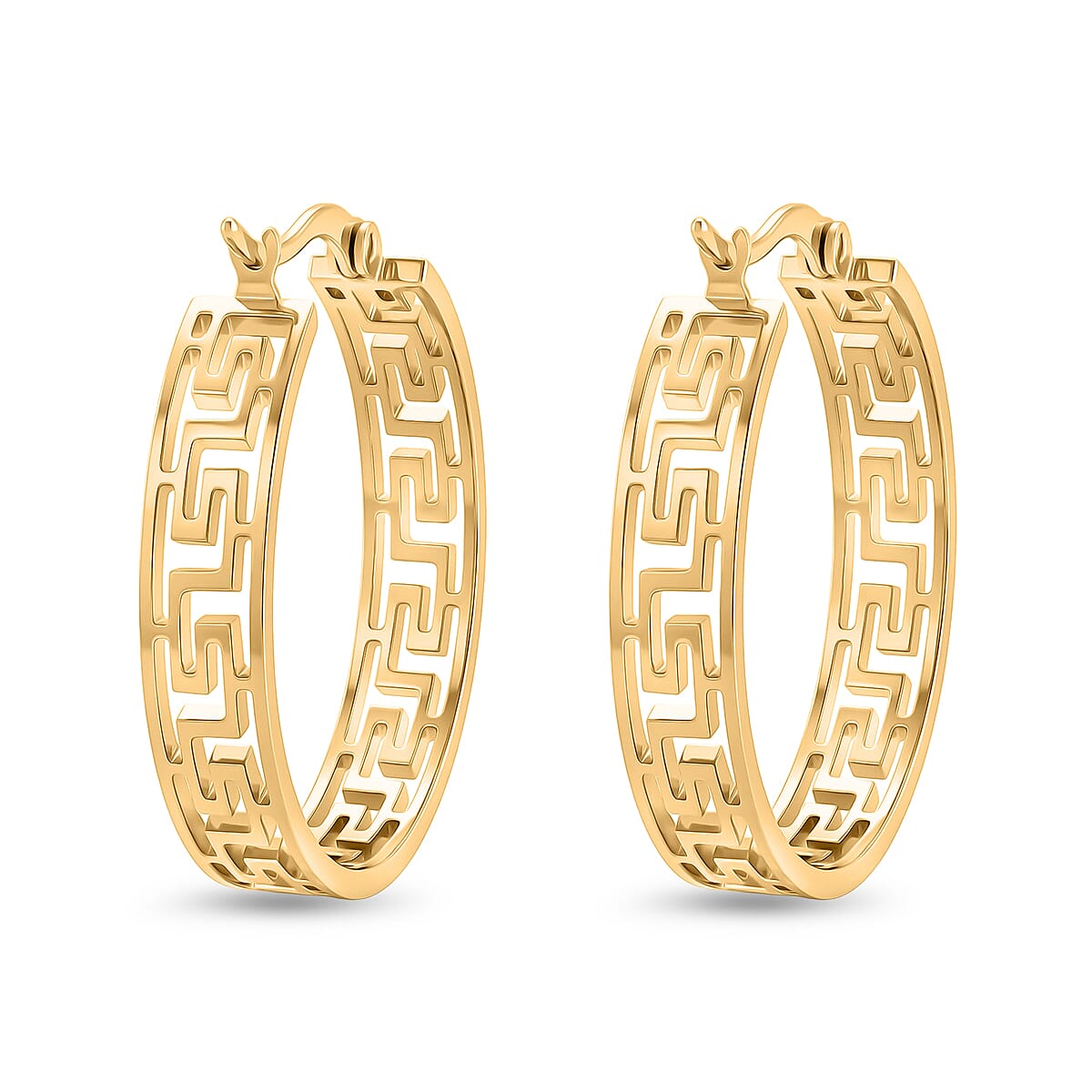 Greek Key Hoop Earring with Clasp in Yellow Gold Tone