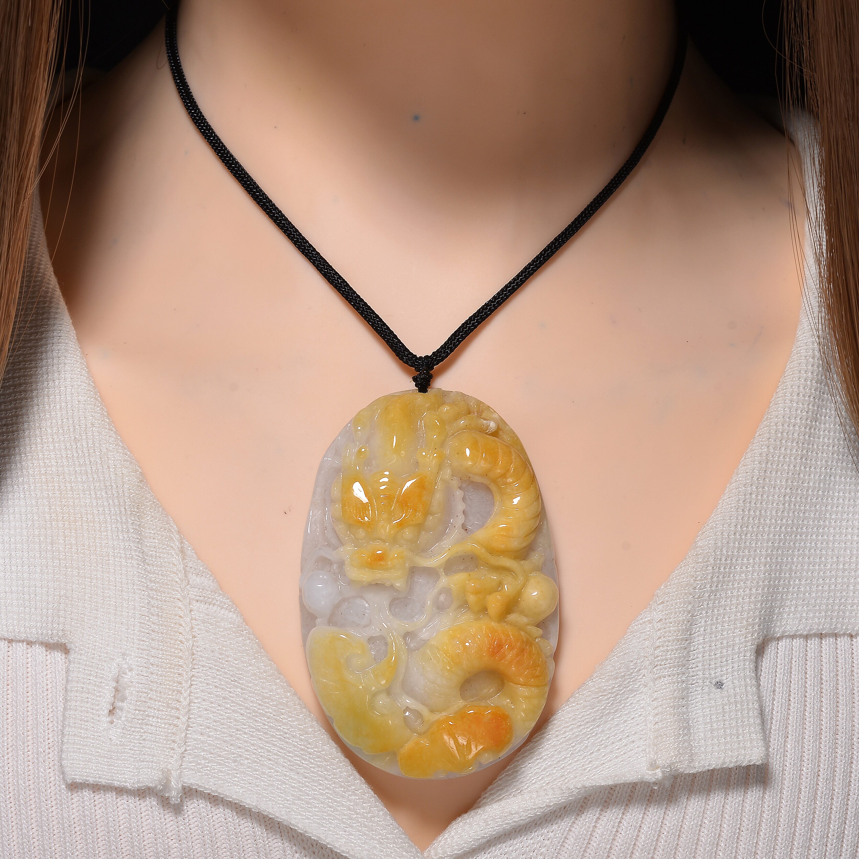 Type A Natural Bi Colour Honey Jade Hand Carved Necklace with Cotton Thread(Size 30 Adjustable) 610.00 Ct.