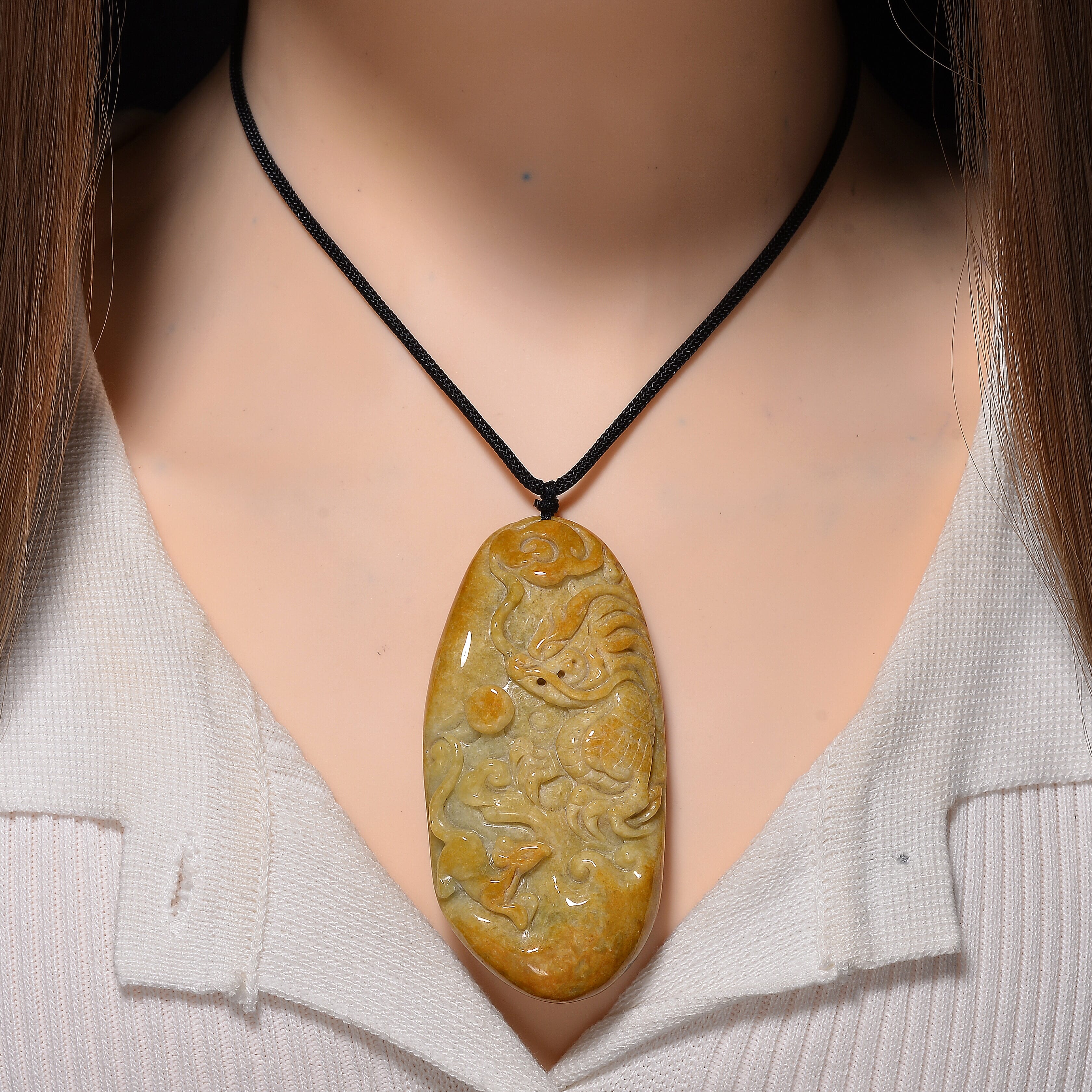 Type A Natural Bi Colour Honey Jade Hand Carved Necklace with Cotton Thread (Size 28 Adjustable) 520.00 Ct.