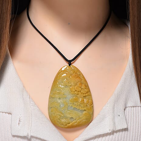 Type A Natural Bi Colour Honey Jade Hand Carved Necklace with Cotton Thread (Size 30 Adjustable) 452.00 Ct.
