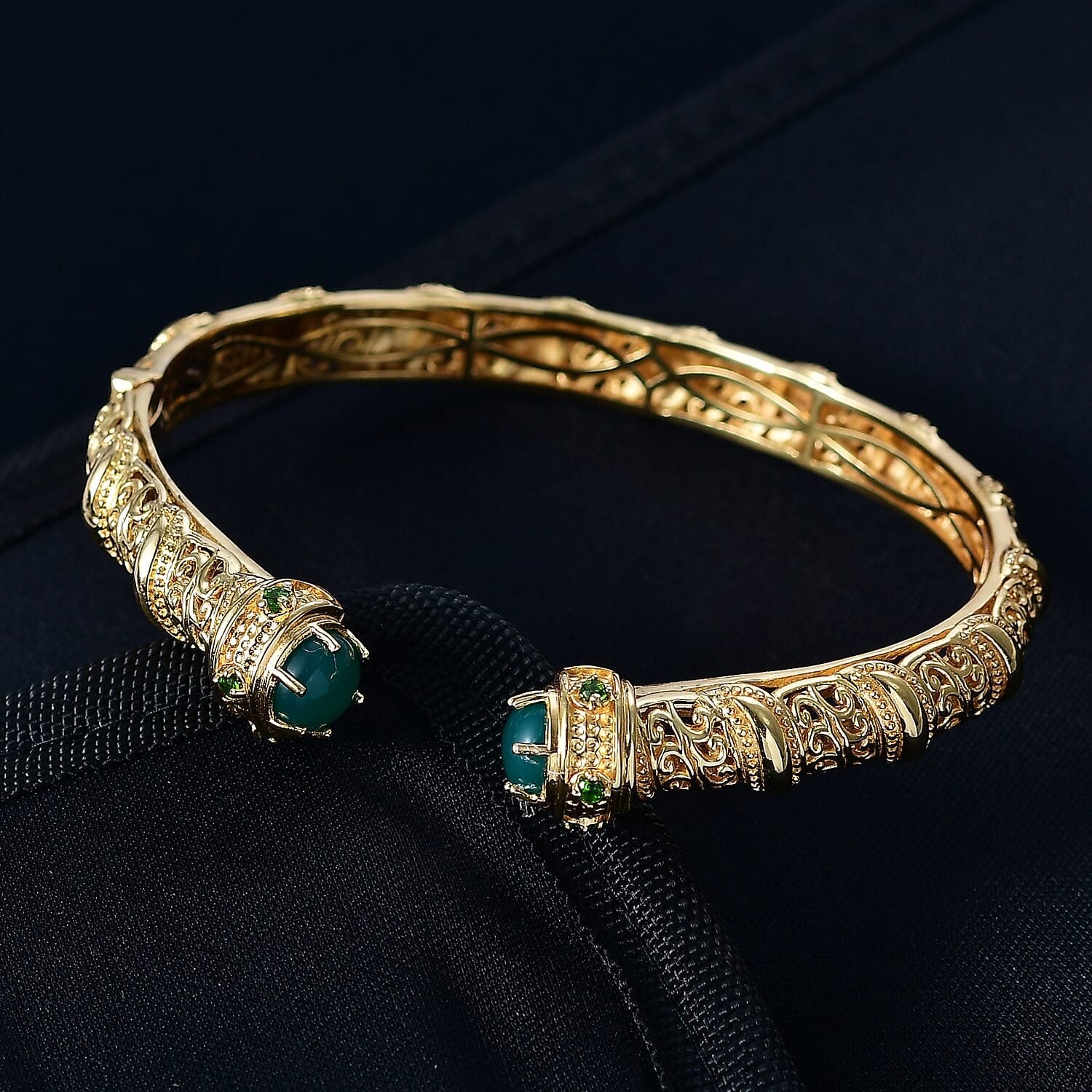 EverTrue Green Onyx & Natural Chrome Diopside Full Bangle in Yellow Gold Plated 4.66 Ct.