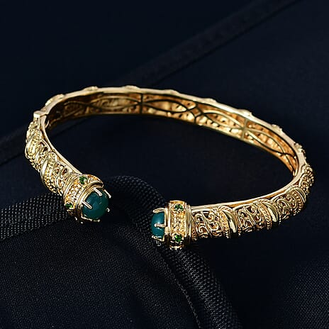 EverTrue Green Onyx & Natural Chrome Diopside Full Bangle in Yellow Gold Plated 4.66 Ct.