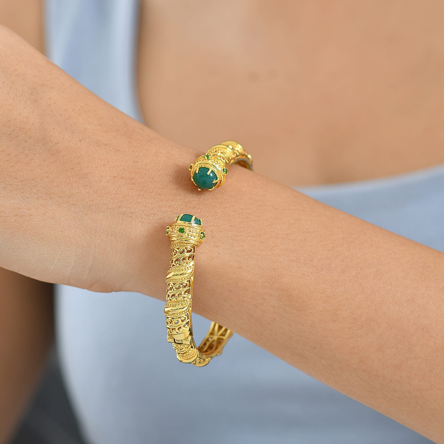 EverTrue Green Onyx & Natural Chrome Diopside Full Bangle in Yellow Gold Plated 4.66 Ct.