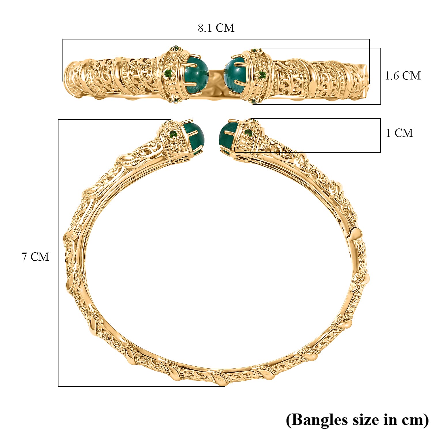 EverTrue Green Onyx & Natural Chrome Diopside Full Bangle in Yellow Gold Plated 4.66 Ct.