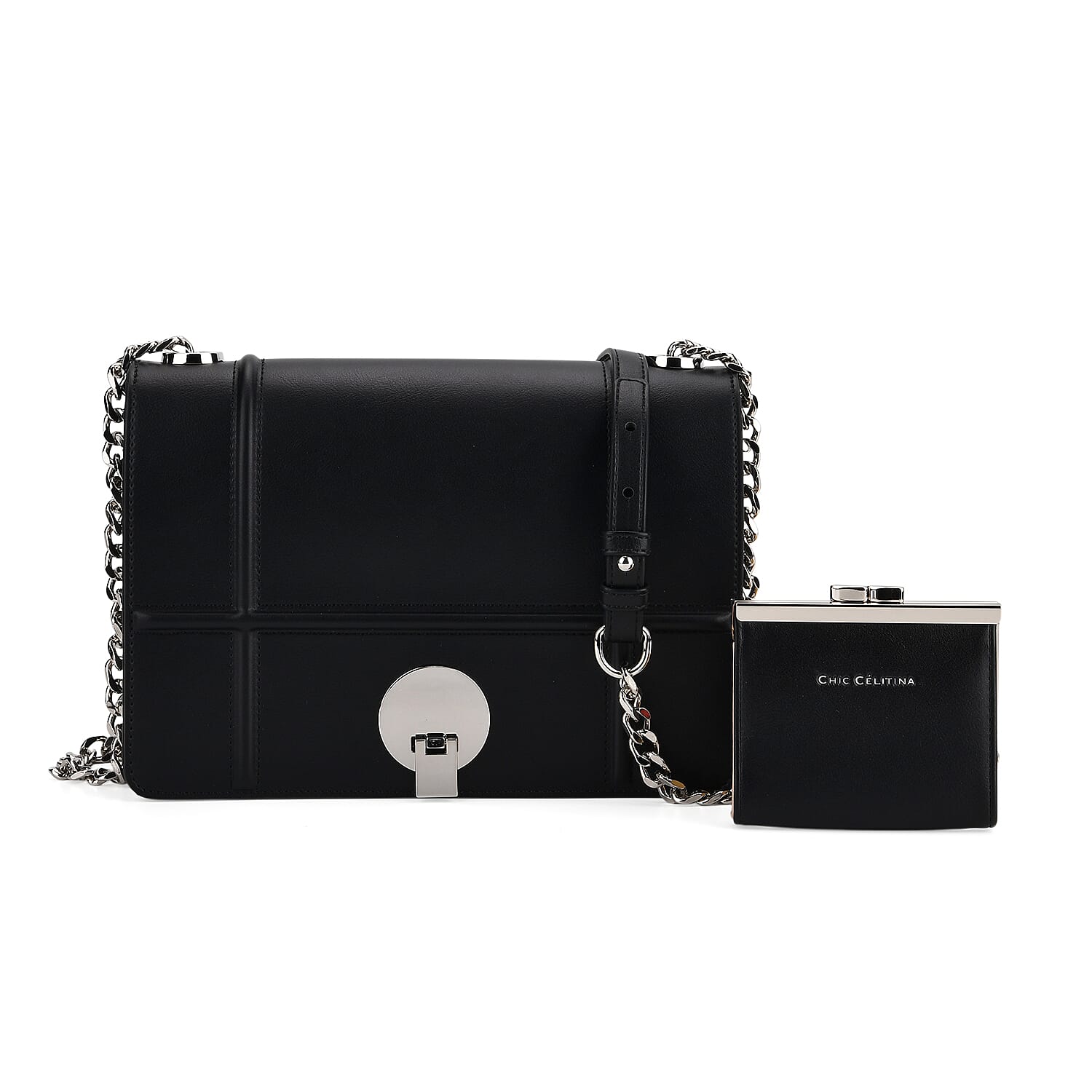 Set of 2 Structured Panel Bag with Silver Chain Strap & Matching Card Slot Purse - Black