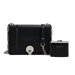 Set of 2 Structured Panel Bag with Silver Chain Strap & Matching Card Slot Purse - Black