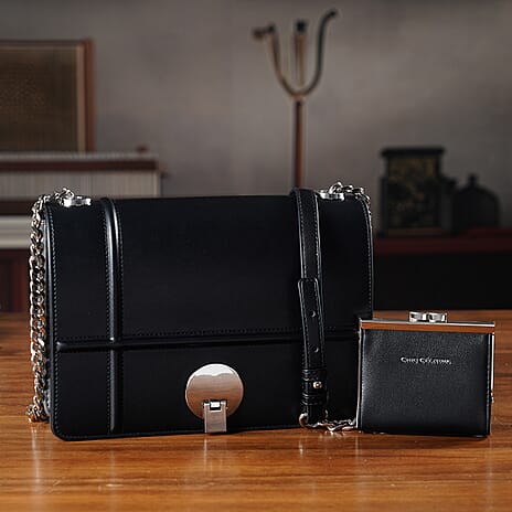 Set of 2 Structured Panel Bag with Silver Chain Strap & Matching Card Slot Purse - Black
