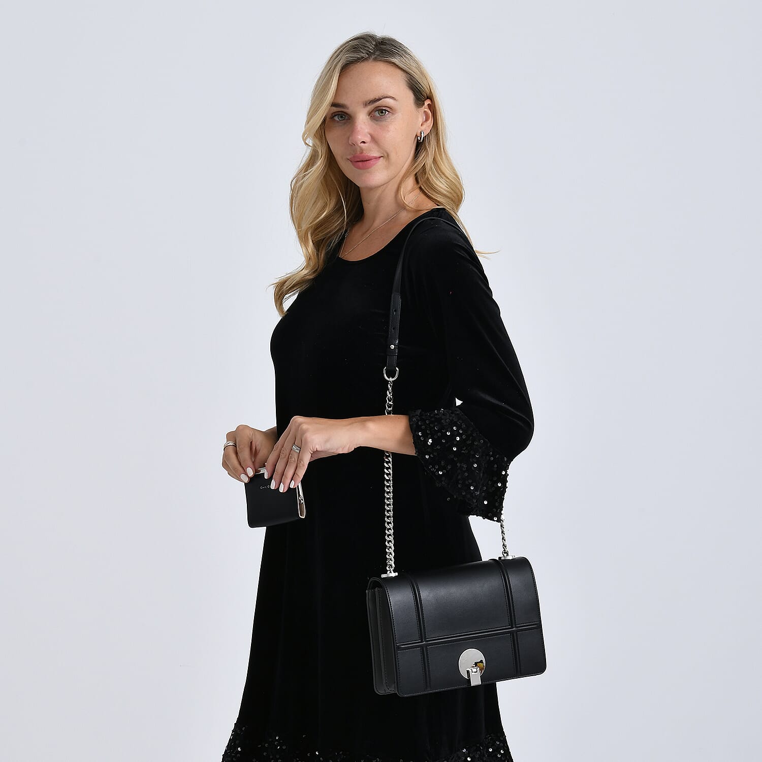 Set of 2 Structured Panel Bag with Silver Chain Strap & Matching Card Slot Purse - Black