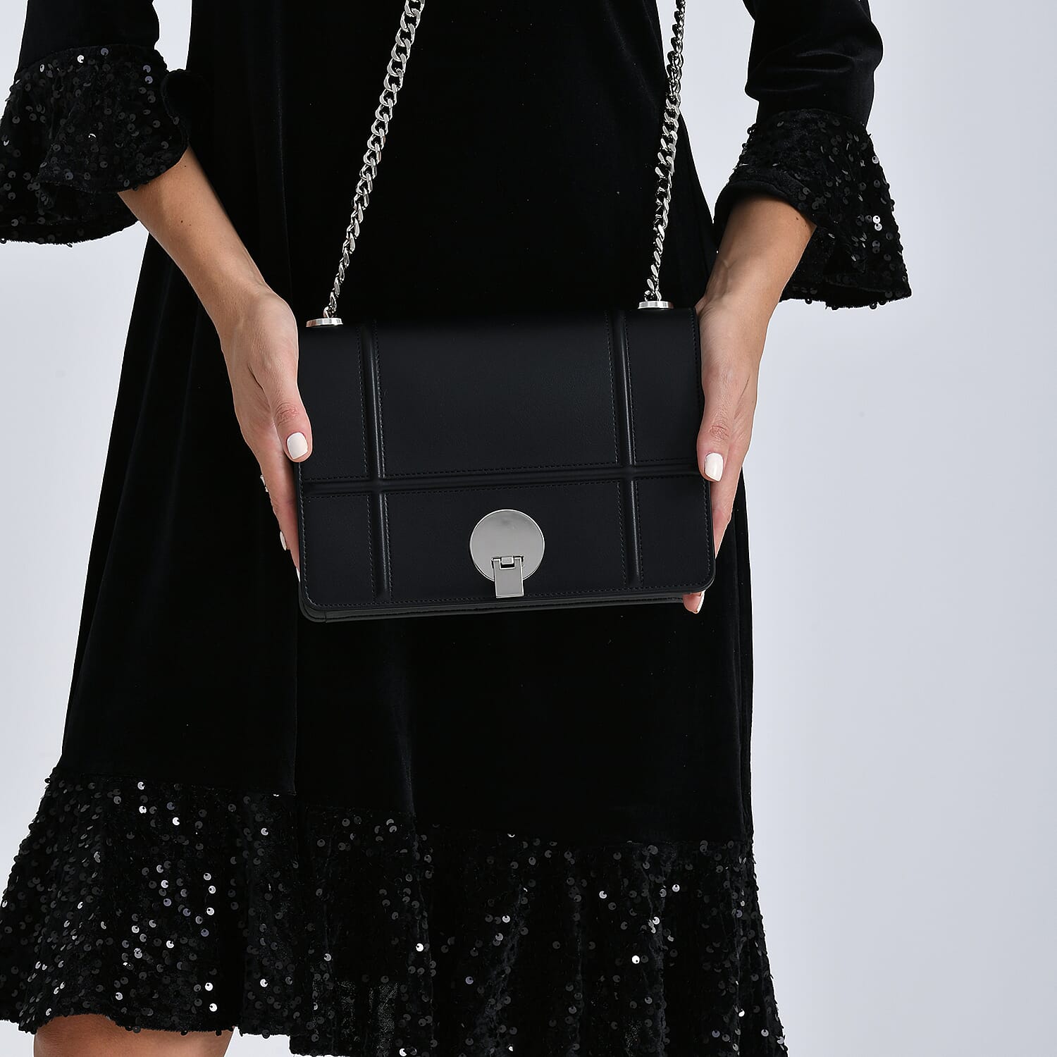 Set of 2 Structured Panel Bag with Silver Chain Strap & Matching Card Slot Purse - Black