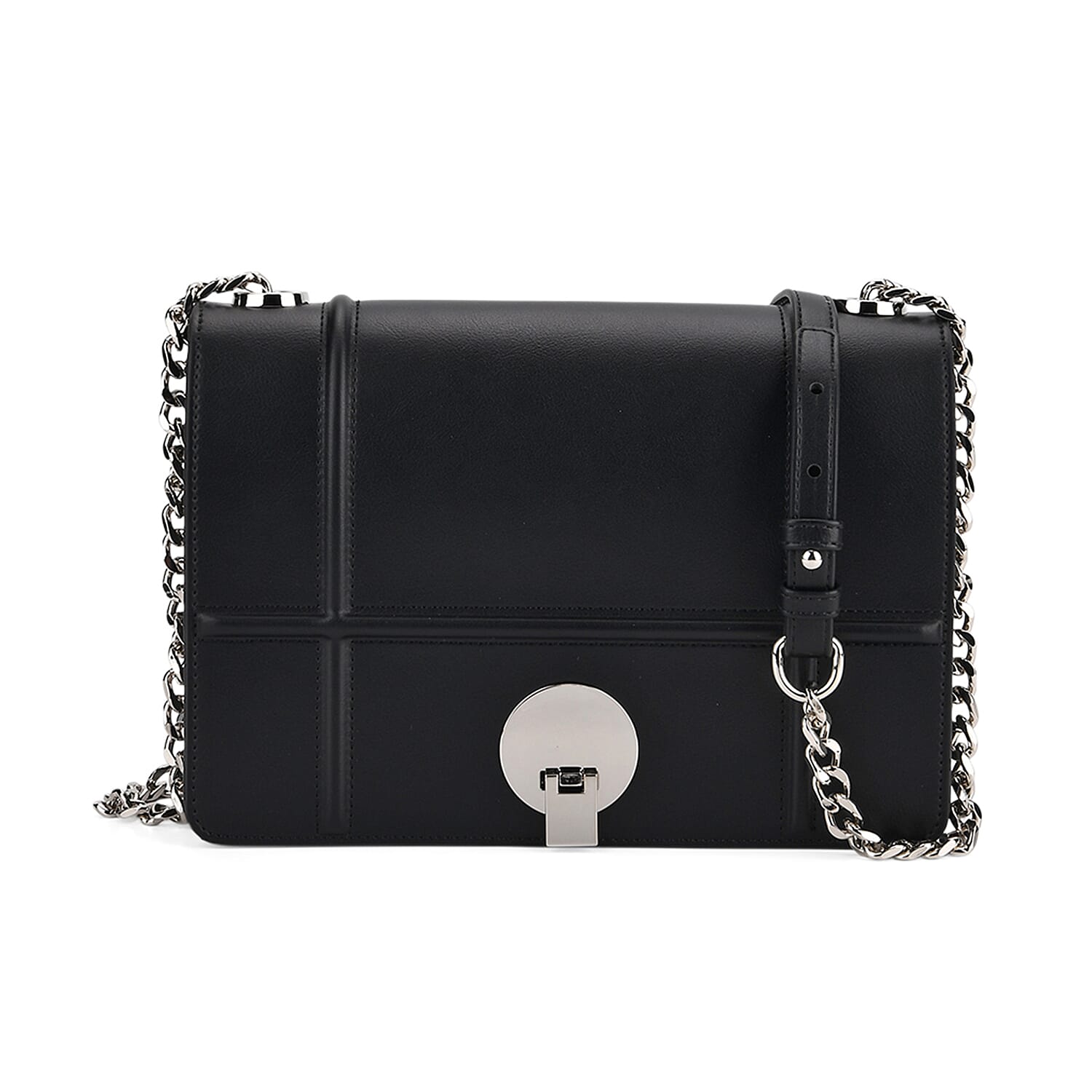 Set of 2 Structured Panel Bag with Silver Chain Strap & Matching Card Slot Purse - Black