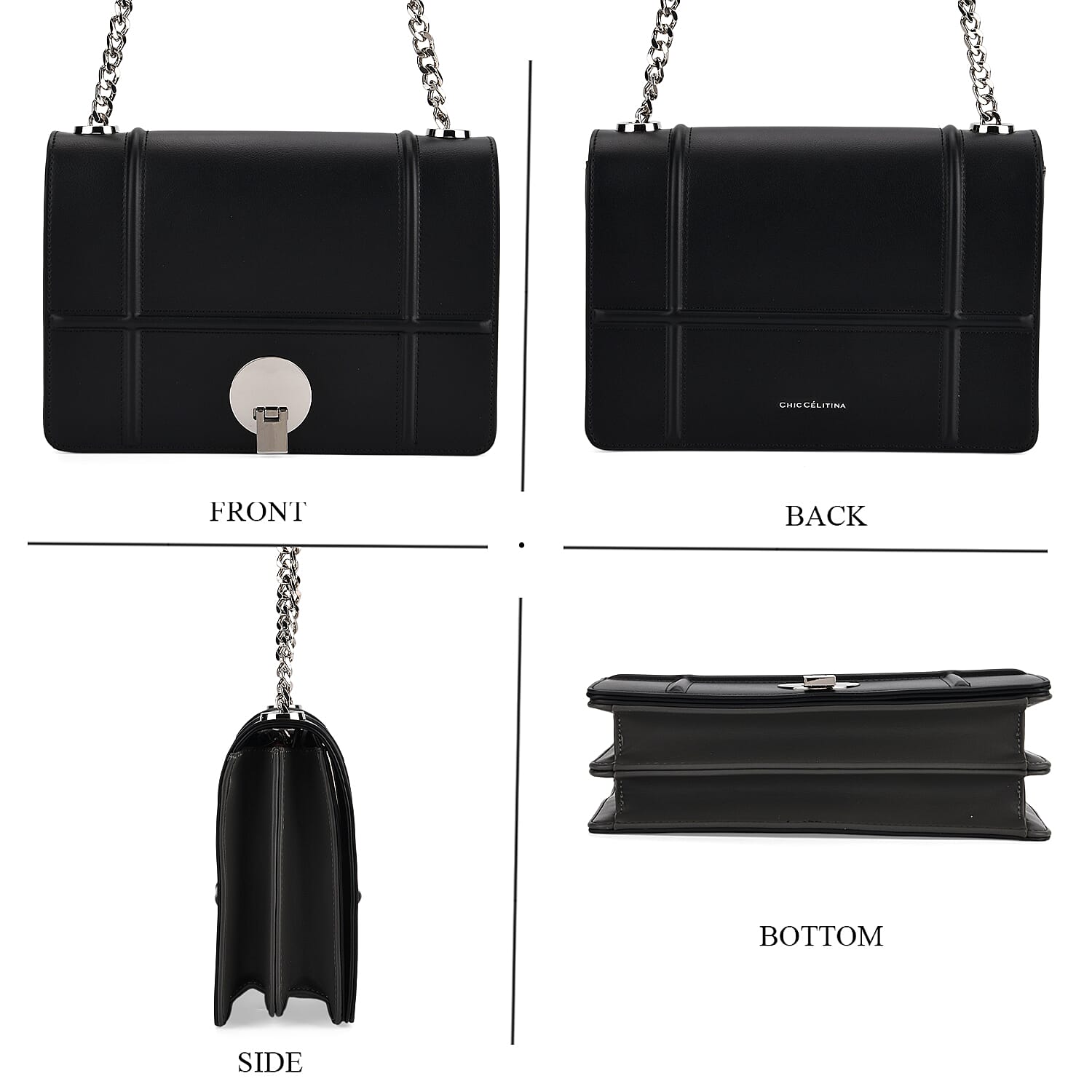 Set of 2 Structured Panel Bag with Silver Chain Strap & Matching Card Slot Purse - Black