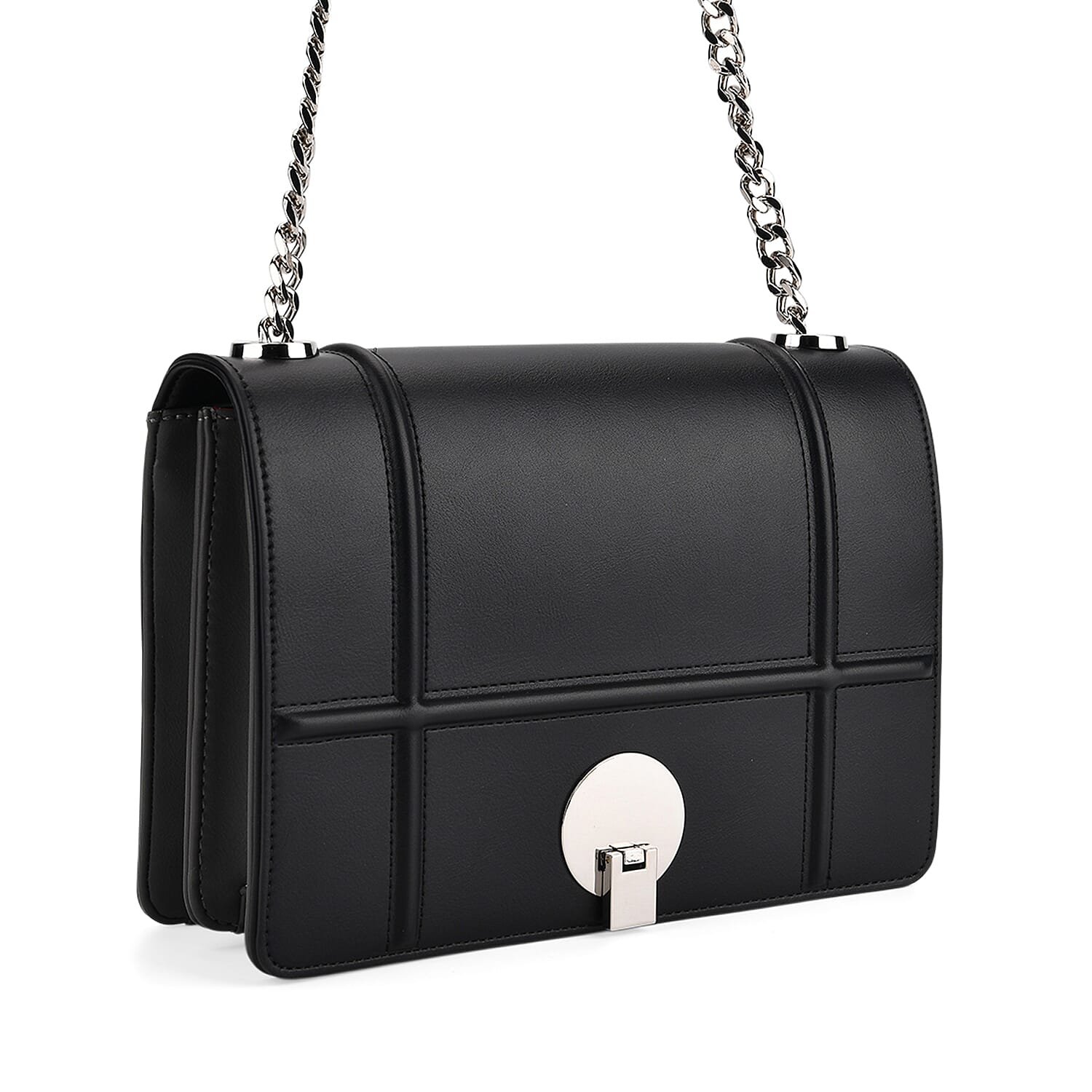 Set of 2 Structured Panel Bag with Silver Chain Strap & Matching Card Slot Purse - Black