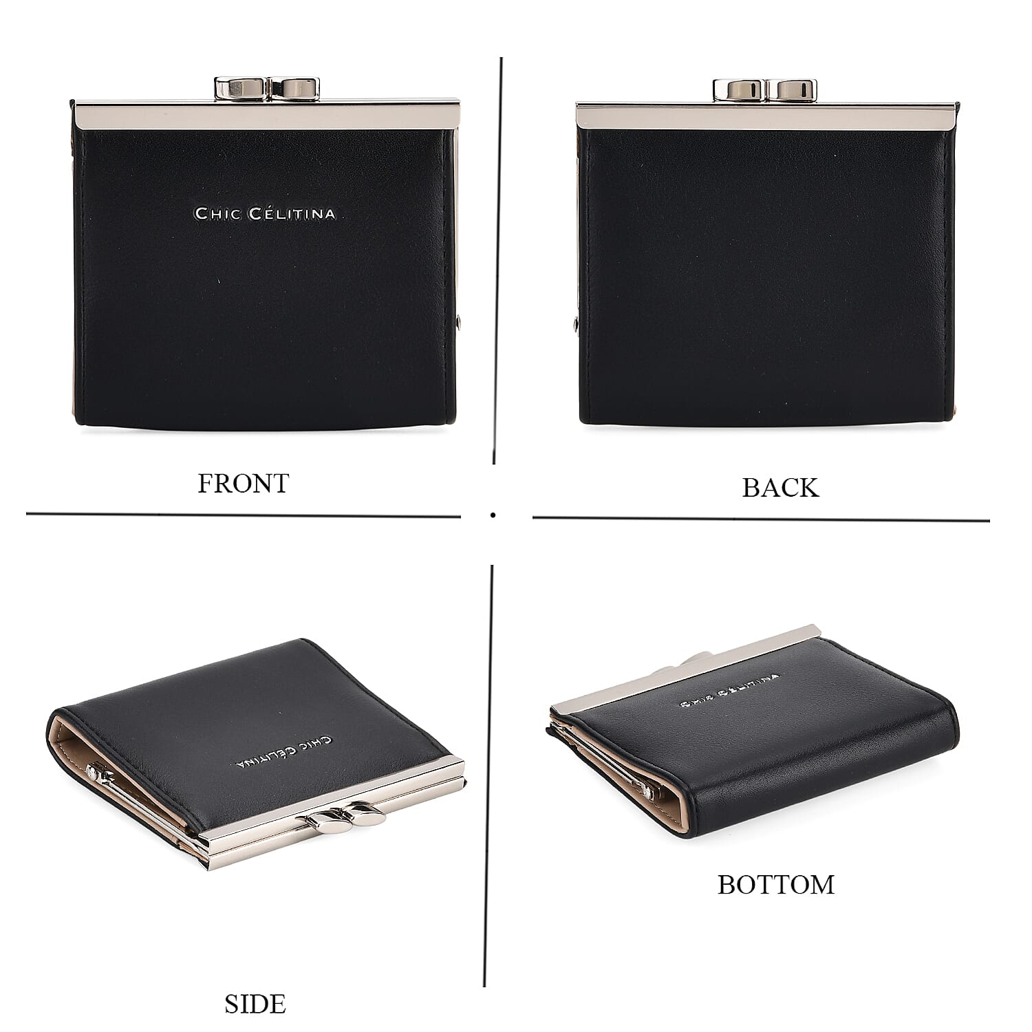 Set of 2 Structured Panel Bag with Silver Chain Strap & Matching Card Slot Purse - Black