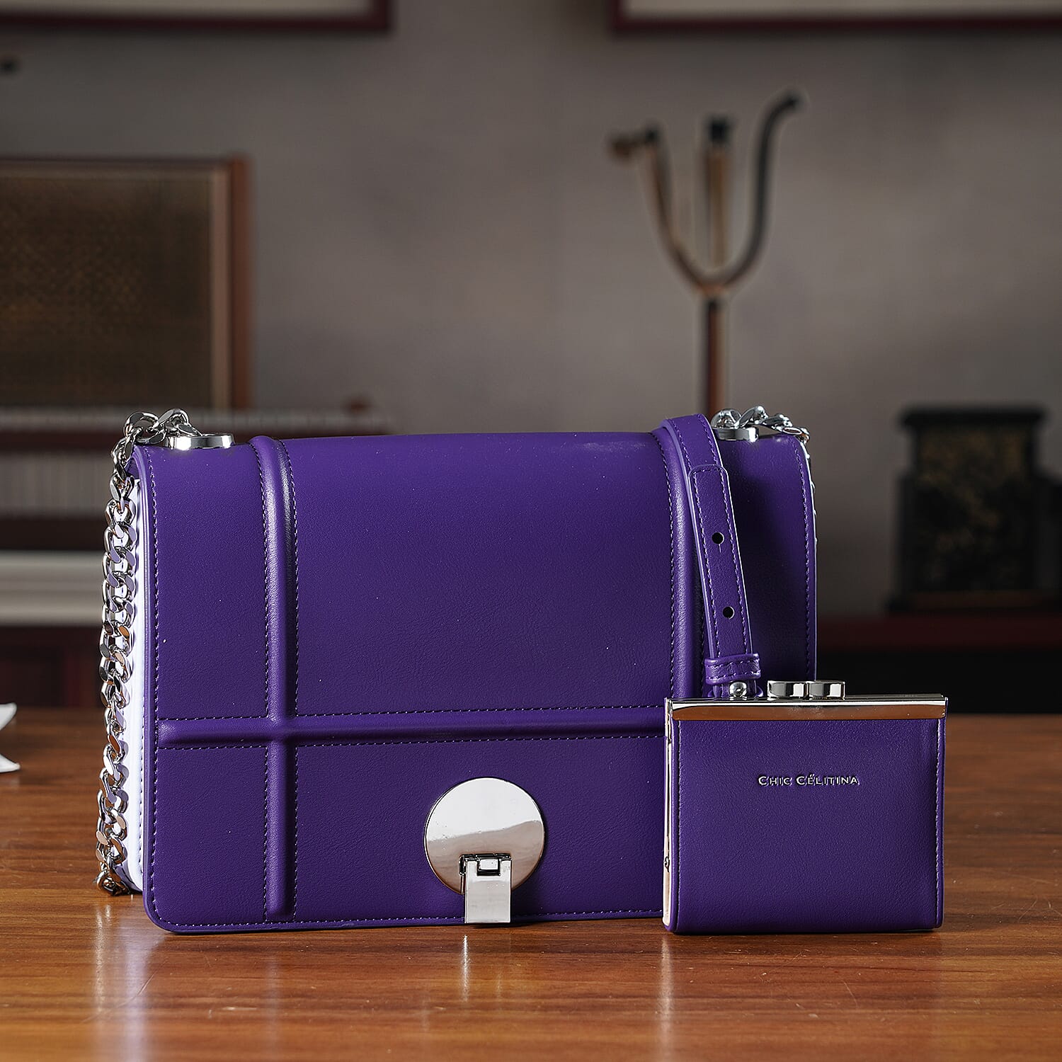 Set of 2 Structured Panel Bag with Silver Chain Strap & Matching Card Slot Purse - Purple & Lilac