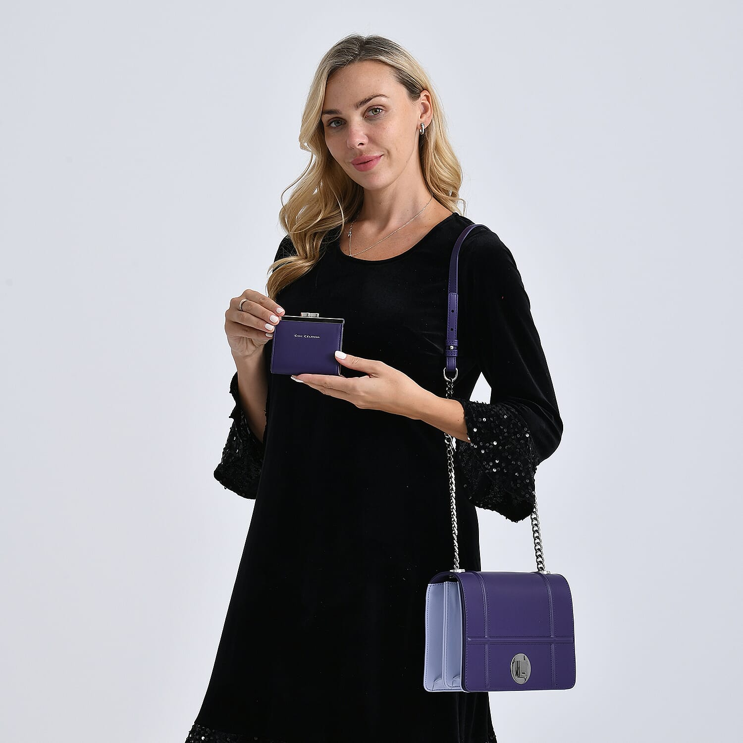 Set of 2 Structured Panel Bag with Silver Chain Strap & Matching Card Slot Purse - Purple & Lilac