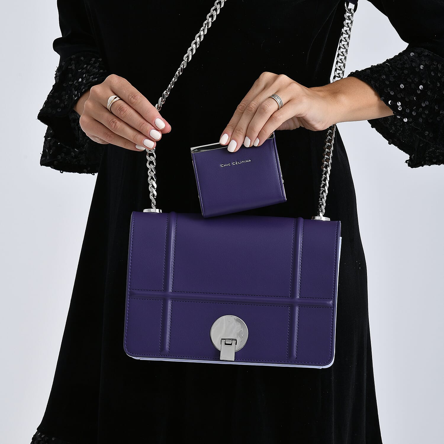 Set of 2 Structured Panel Bag with Silver Chain Strap & Matching Card Slot Purse - Purple & Lilac