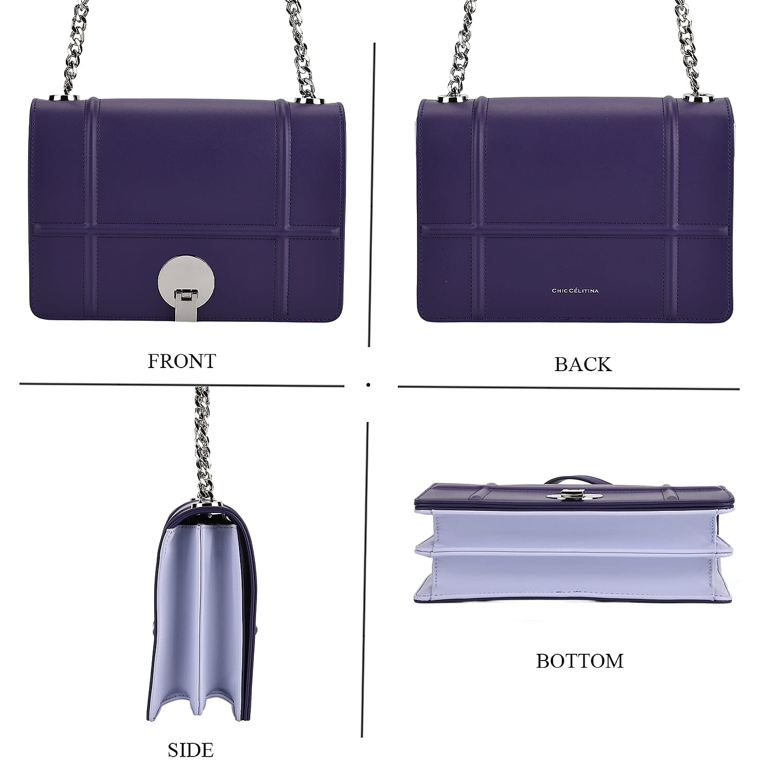 Set of 2 Structured Panel Bag with Silver Chain Strap & Matching Card Slot Purse - Purple & Lilac