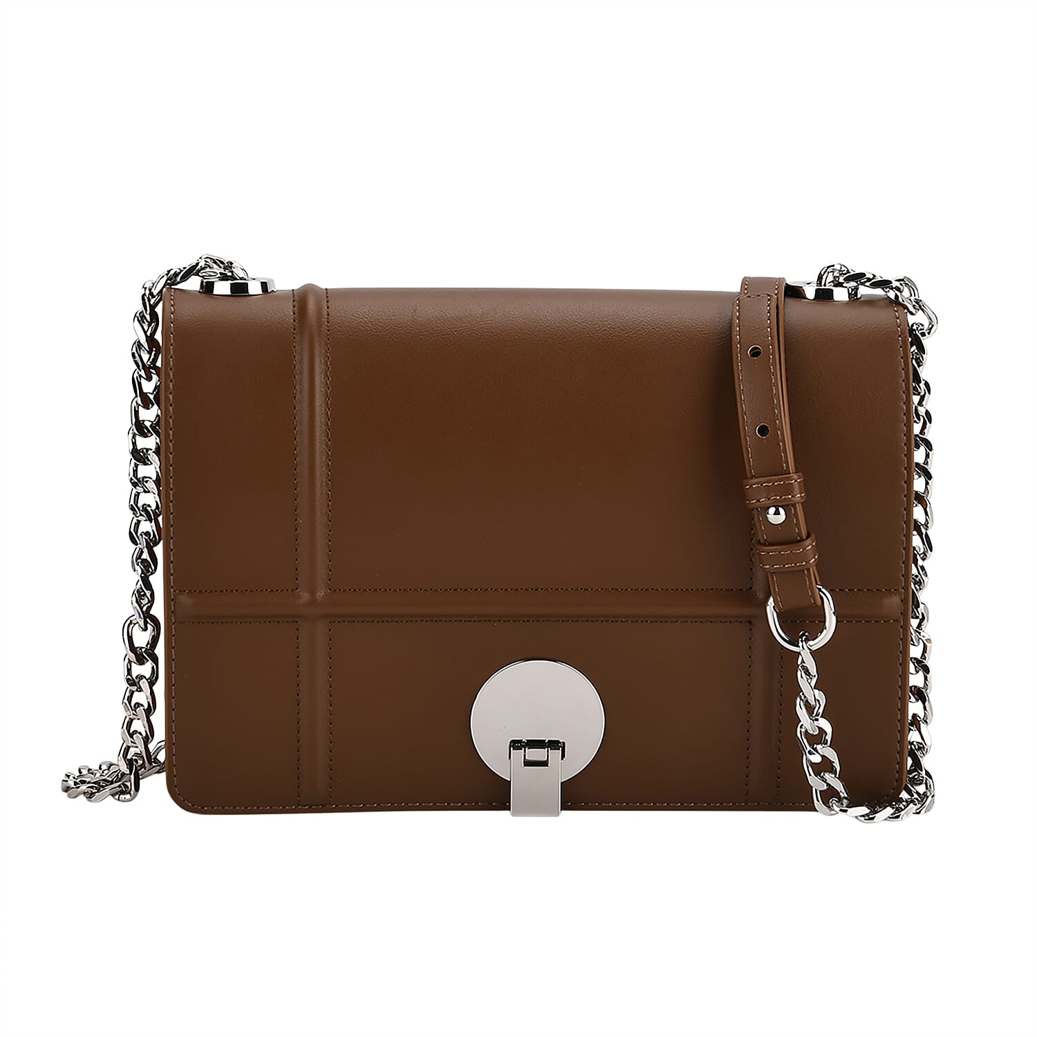 Set of 2 Structured Panel Bag with Silver Chain Strap & Matching Card Slot Purse - Brown