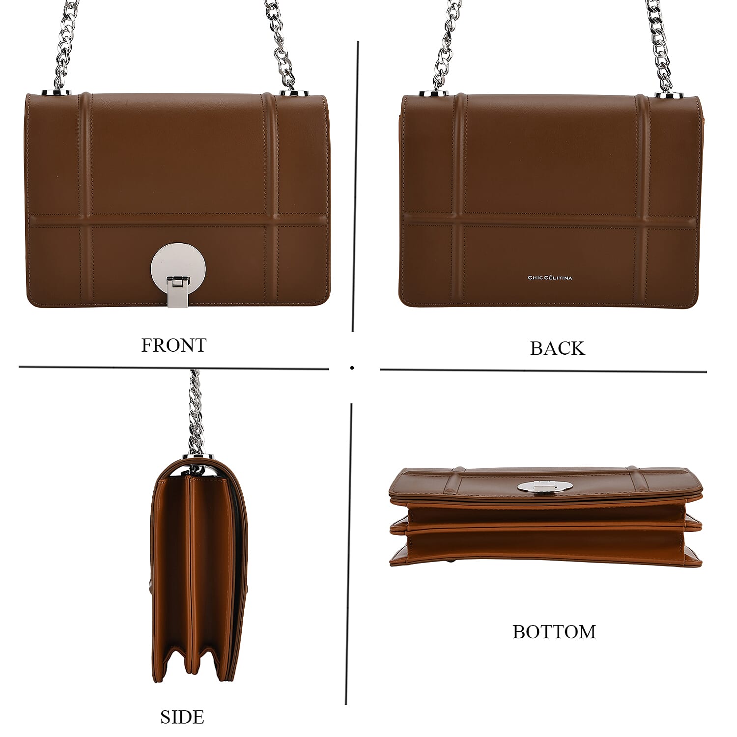 Set of 2 Structured Panel Bag with Silver Chain Strap & Matching Card Slot Purse - Brown