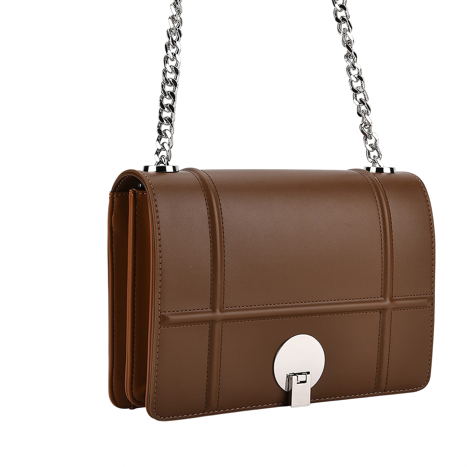 Set of 2 Structured Panel Bag with Silver Chain Strap & Matching Card Slot Purse - Brown