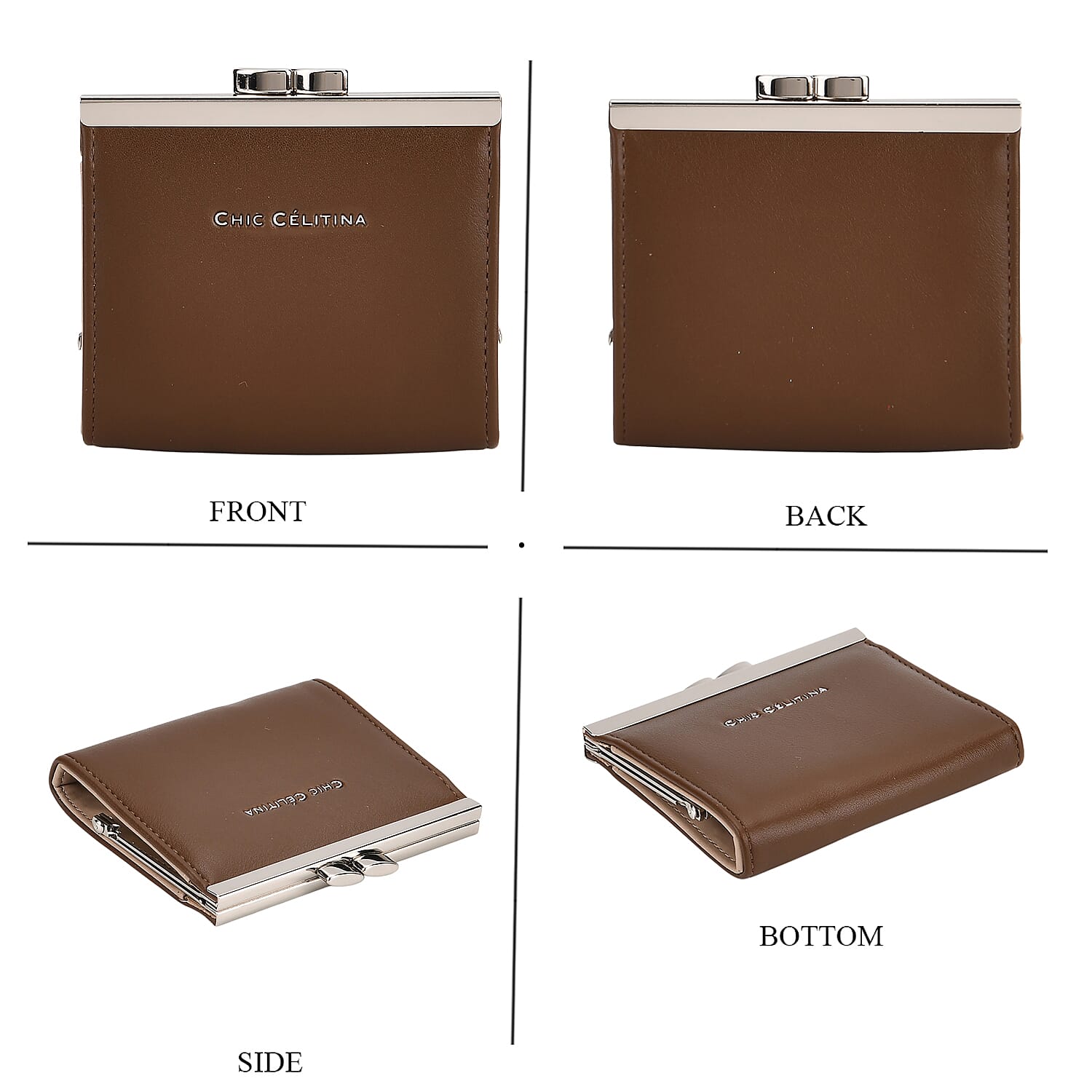 Set of 2 Structured Panel Bag with Silver Chain Strap & Matching Card Slot Purse - Brown