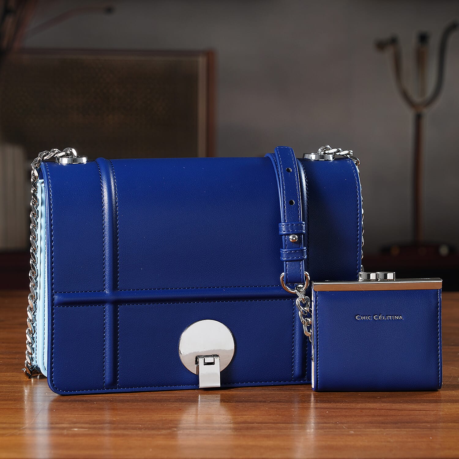 Set of 2 Structured Panel Bag with Silver Chain Strap & Matching Card Slot Purse - Blue