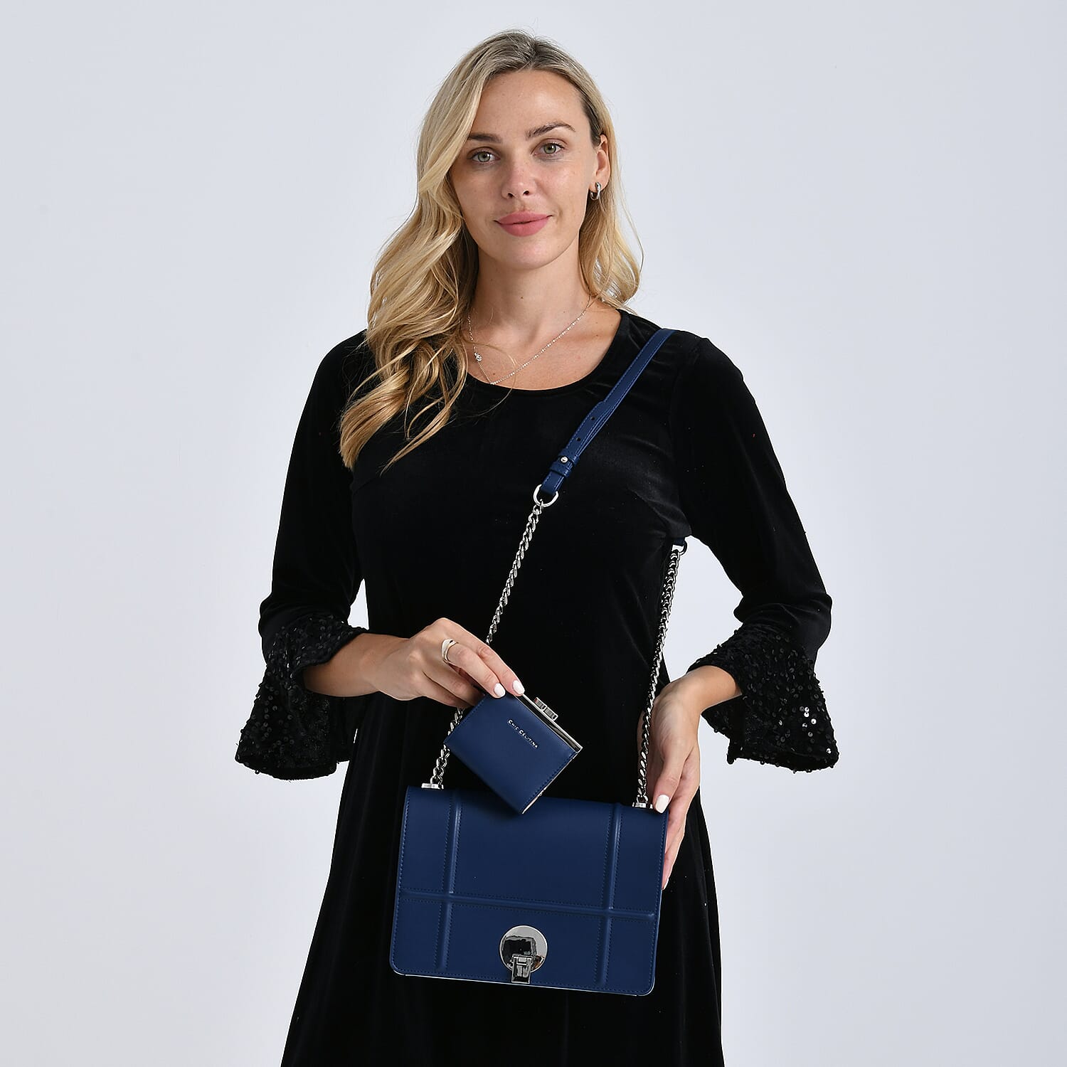 Set of 2 Structured Panel Bag with Silver Chain Strap & Matching Card Slot Purse - Blue